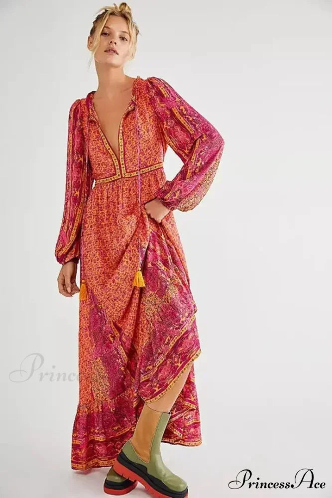 Monochromatic Hue V-neck Flounce Sleeve Summer Boho Dress