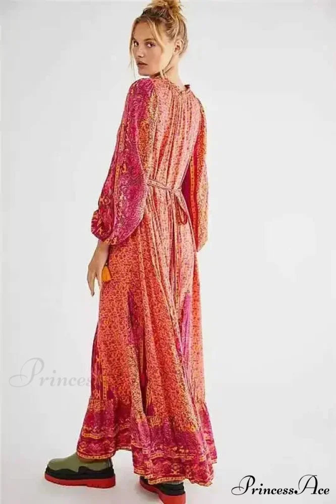 Monochromatic Hue V-neck Flounce Sleeve Summer Boho Dress