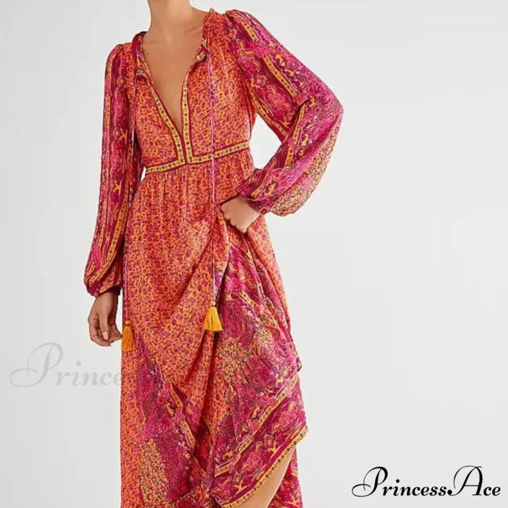 Monochromatic Hue V-neck Flounce Sleeve Summer Boho Dress