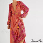 Monochromatic Hue V-neck Flounce Sleeve Summer Boho Dress