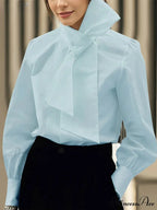 Monochromatic Necktie Bow Collar Extended Sleeve Blouse