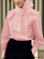 Monochromatic Necktie Bow Collar Extended Sleeve Blouse
