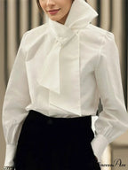 Monochromatic Necktie Bow Collar Extended Sleeve Blouse