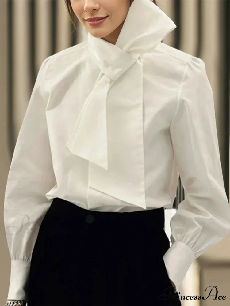 Monochromatic Necktie Bow Collar Extended Sleeve Blouse