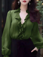 Monochrome Frilled Plunging Neckline Balloon Sleeve Blouse