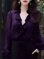 Monochrome Frilled Plunging Neckline Balloon Sleeve Blouse
