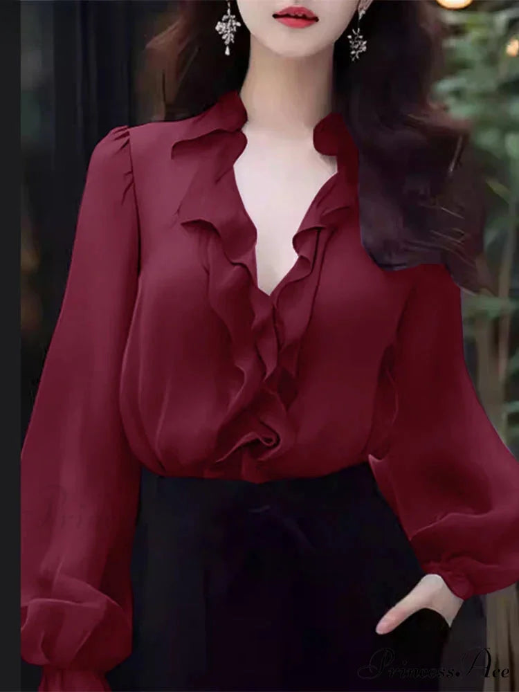 Monochrome Frilled Plunging Neckline Balloon Sleeve Blouse