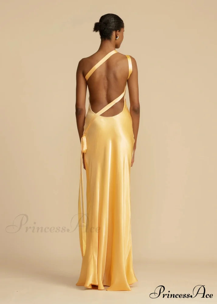 Moonlit Soiree Satin Asymmetrical One Trendy Shouder Backless Strap Maxi Dress