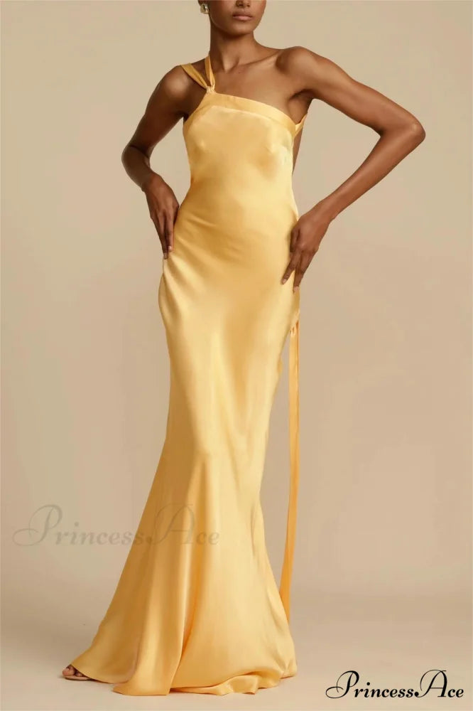 Moonlit Soiree Satin Asymmetrical One Trendy Shouder Backless Strap Maxi Dress