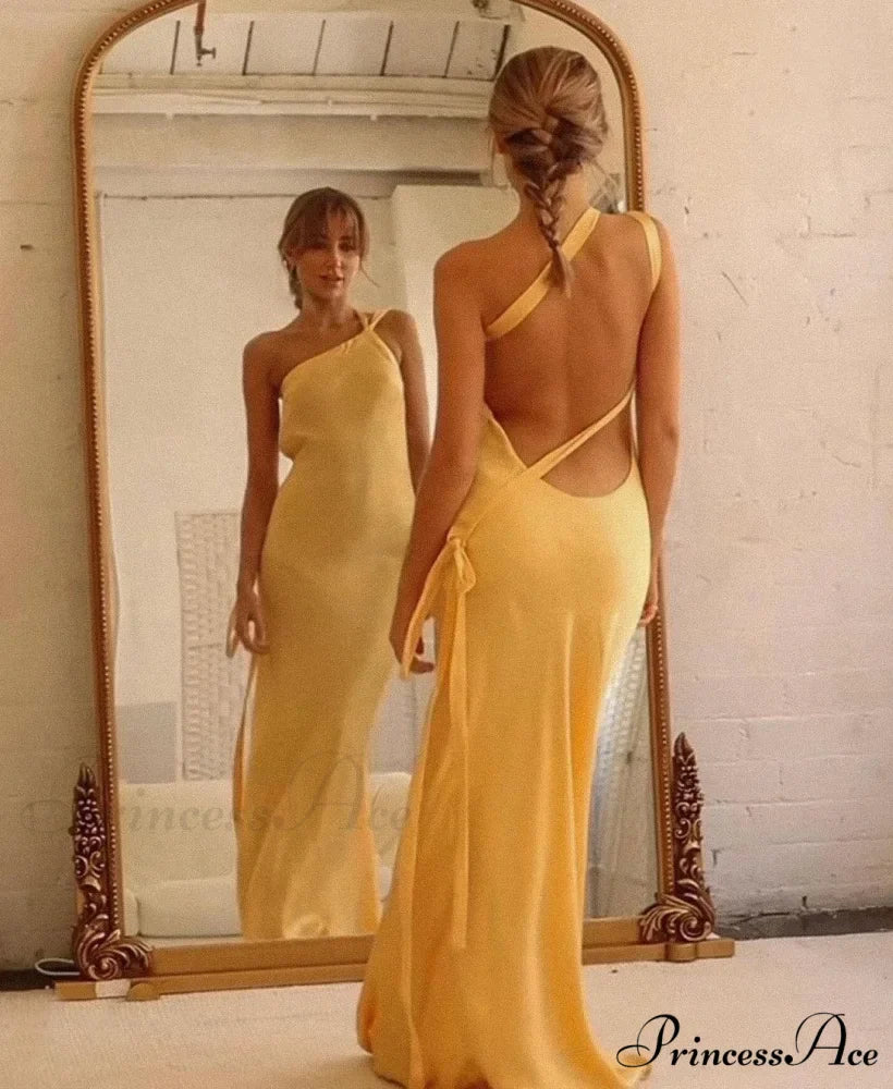 Moonlit Soiree Satin Asymmetrical One Trendy Shouder Backless Strap Maxi Dress