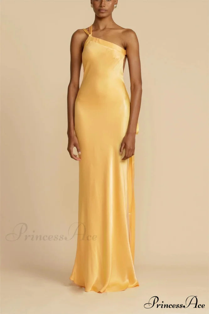 Moonlit Soiree Satin Asymmetrical One Trendy Shouder Backless Strap Maxi Dress