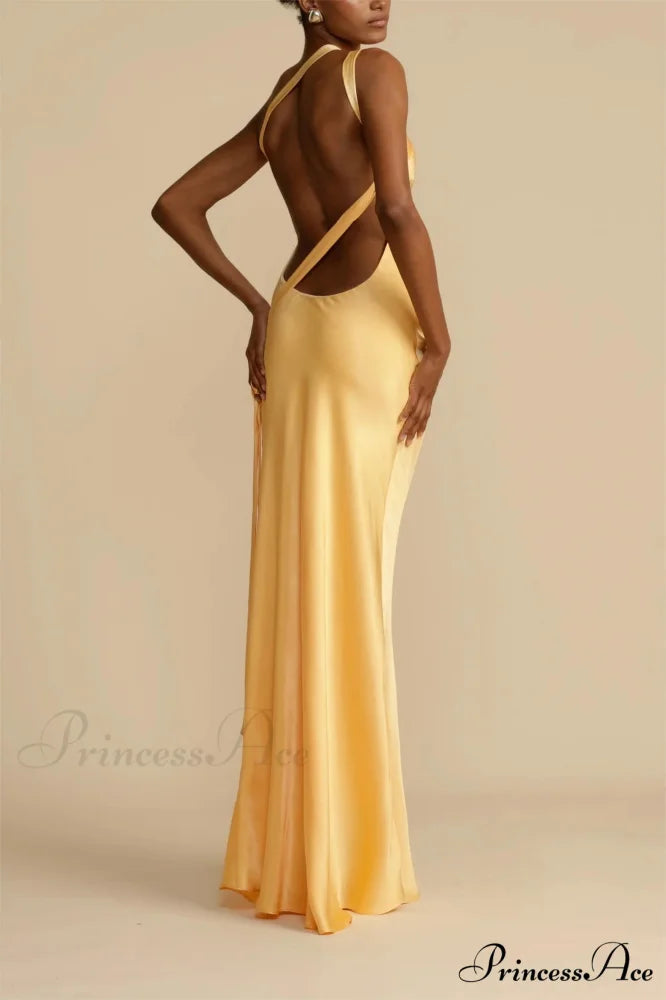 Moonlit Soiree Satin Asymmetrical One Trendy Shouder Backless Strap Maxi Dress