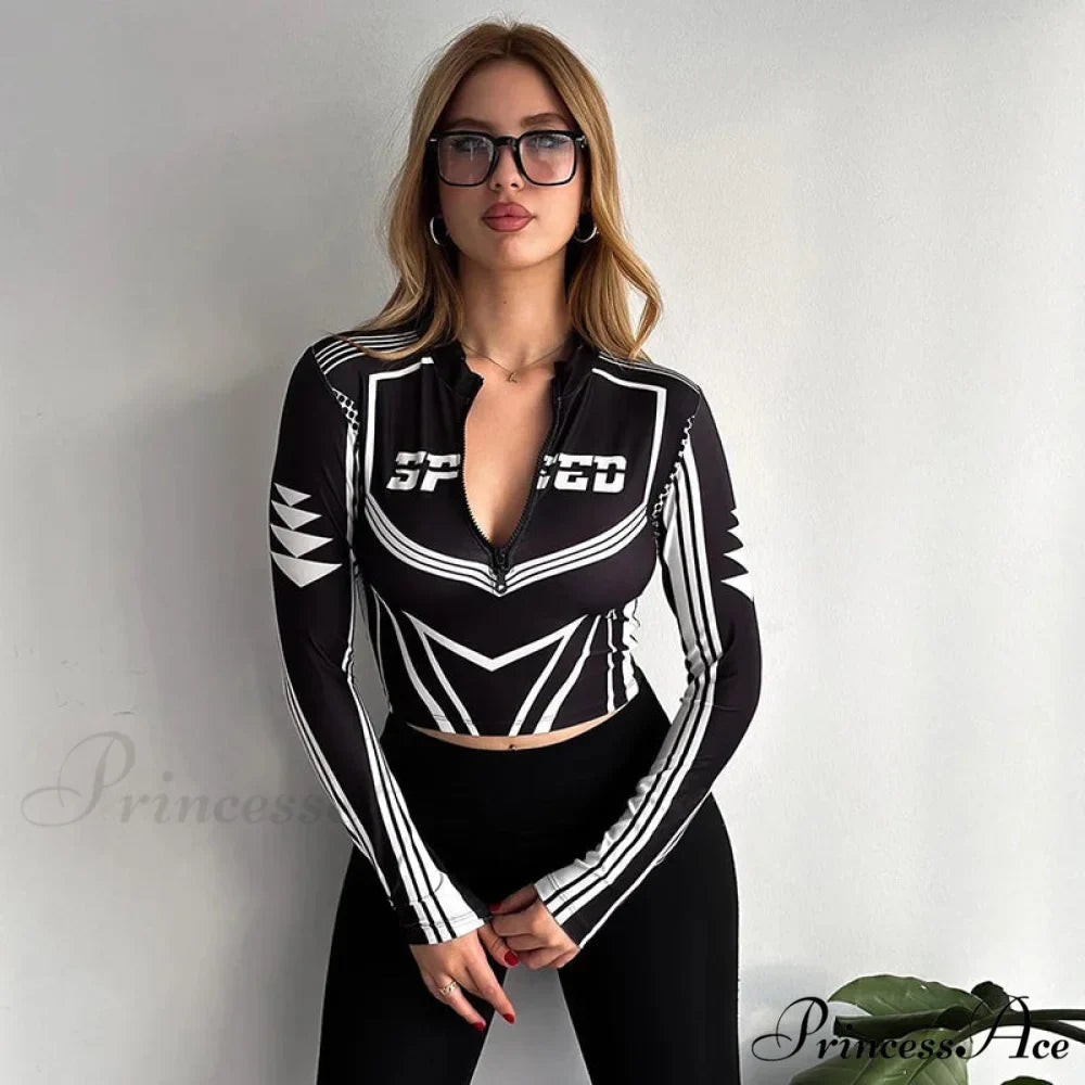 Motorcycle Zipper Printed Graphic Seductive Long Sleeve Knit Top