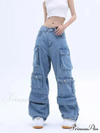 Multi-Pocket Washed Cargo New Heavy Industry Y2K Vintage Streetwear Loose Oversized Straight-Leg Jean