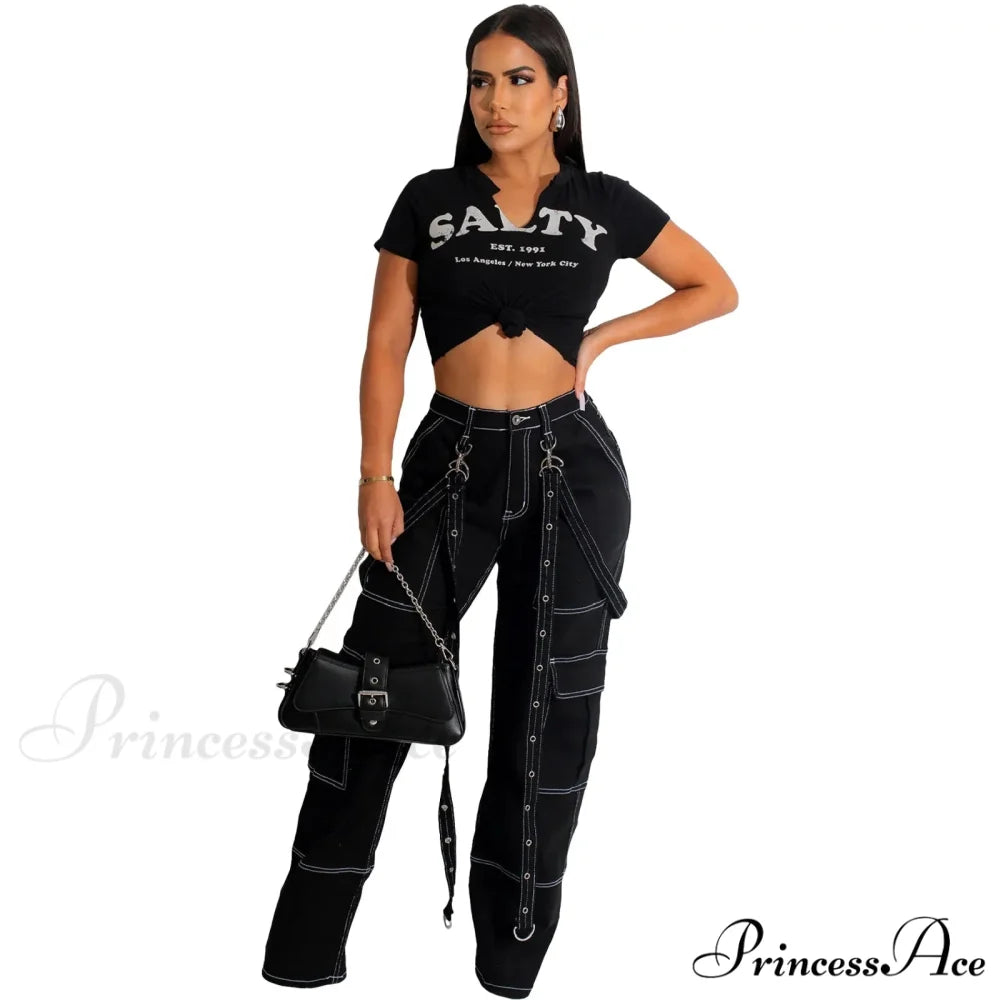 Multi Pockets Loose Straps Fashion High Waist Casual Cargo Autumn Winter Streetwear Denim Jean