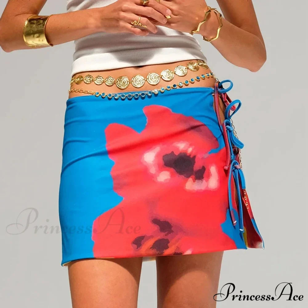 Multi-wear design Flower Pattern Mini Skirt Crop Tops Women Slim Low Waist Side Split Tie-Up Bodycon Skirt Y2K Vintage Streetwear