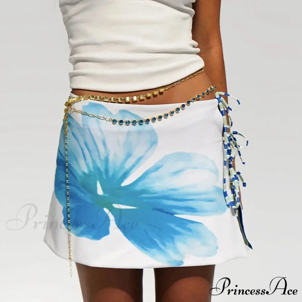 Multi-wear design Flower Pattern Mini Skirt Crop Tops Women Slim Low Waist Side Split Tie-Up Bodycon Skirt Y2K Vintage Streetwear