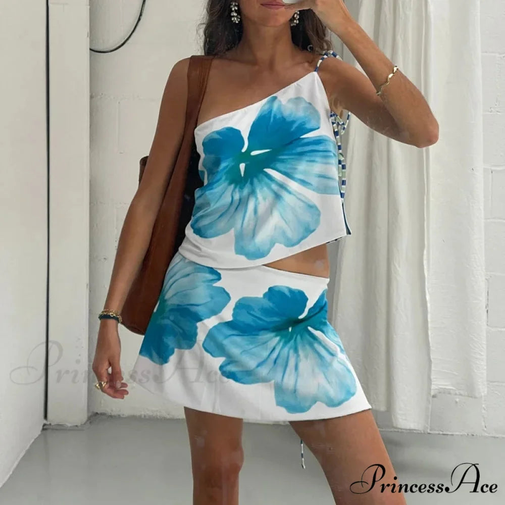 Multi-wear design Flower Pattern Mini Skirt Crop Tops Women Slim Low Waist Side Split Tie-Up Bodycon Skirt Y2K Vintage Streetwear