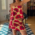 Multi-wear design Flower Pattern Mini Skirt Crop Tops Women Slim Low Waist Side Split Tie-Up Bodycon Skirt Y2K Vintage Streetwear