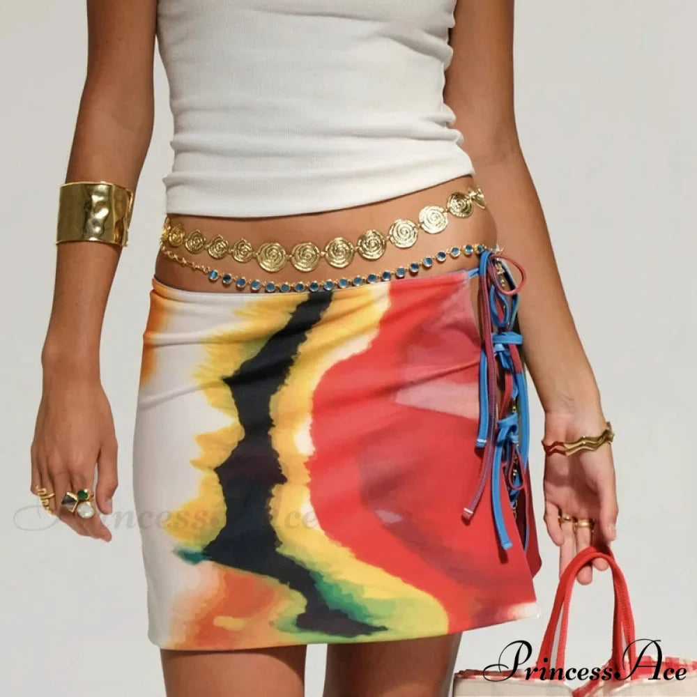 Multi-wear design Flower Pattern Mini Skirt Crop Tops Women Slim Low Waist Side Split Tie-Up Bodycon Skirt Y2K Vintage Streetwear