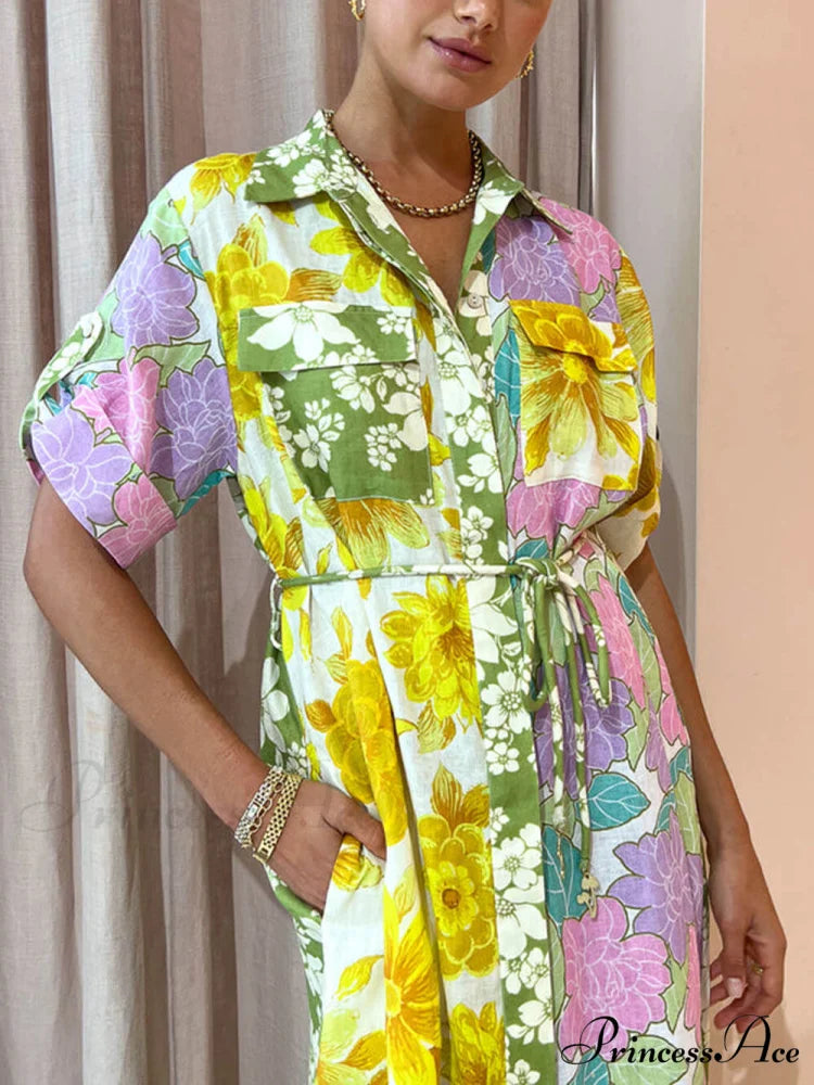Multicolor Paneled Stylish Shirt-Style Midi Dress