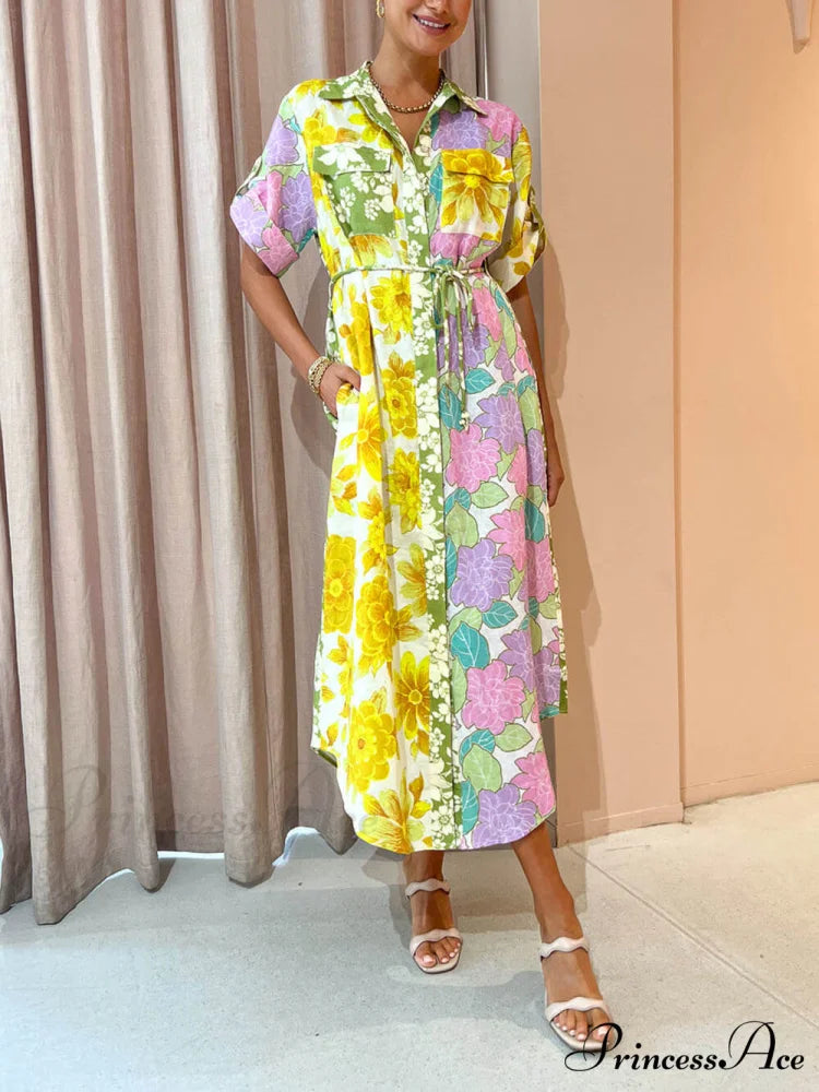 Multicolor Paneled Stylish Shirt-Style Midi Dress