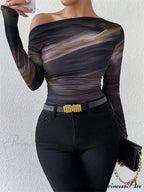 Multicolored Single Shoulder Form-Fitting Long Sleeve Knit Top