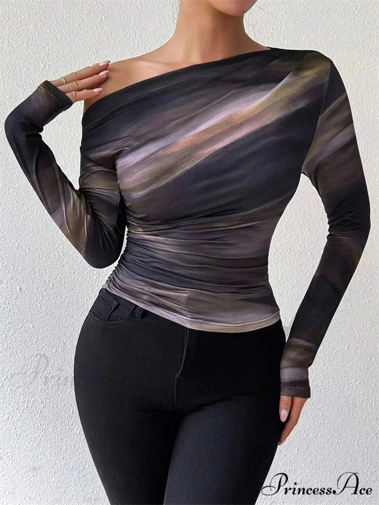 Multicolored Single Shoulder Form-Fitting Long Sleeve Knit Top