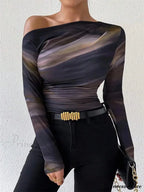 Multicolored Single Shoulder Form-Fitting Long Sleeve Knit Top