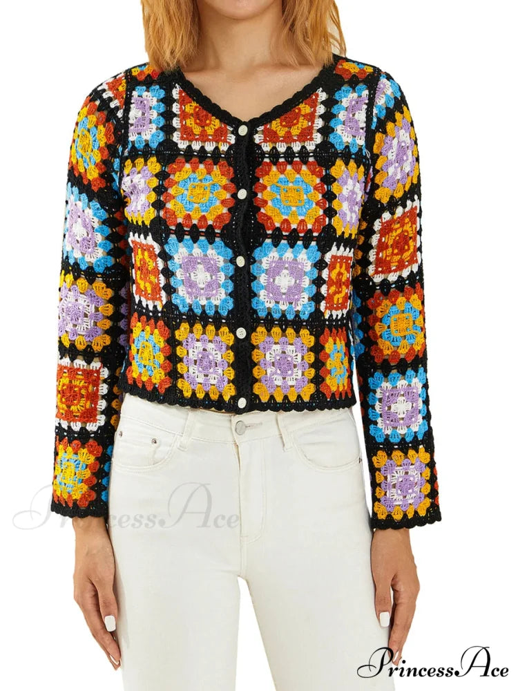 Multihued Y2K Baggy Crochet Knit Cardigan