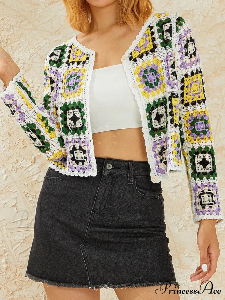 Multihued Y2K Baggy Crochet Knit Cardigan