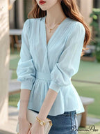 Narrowed Striped Lantern Sleeve Tunic Blouse