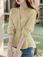 Narrowed Striped Lantern Sleeve Tunic Blouse