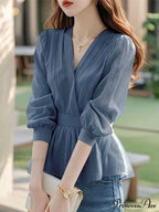 Narrowed Striped Lantern Sleeve Tunic Blouse