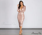 Natalia Metallic Stylish Ruched Midi Dress