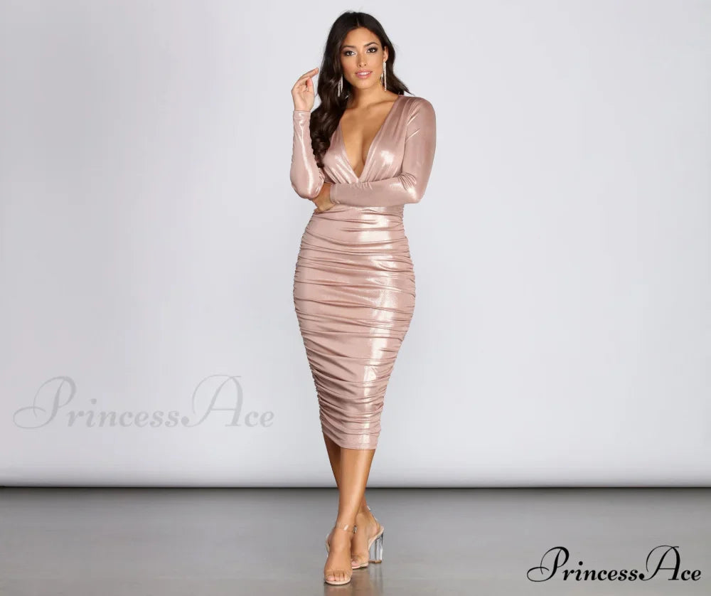 Natalia Metallic Stylish Ruched Midi Dress
