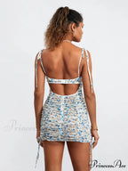 Navy Blooms Pattern Small Gathered Bodycon Nightspot Floral Dress