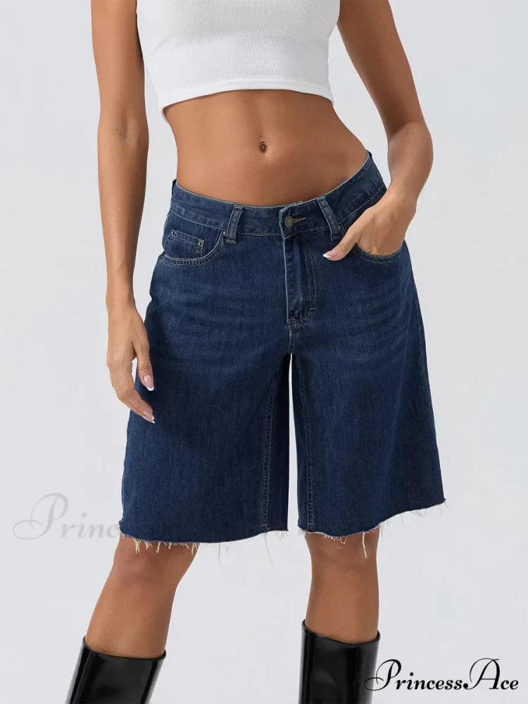 Navy Broad-Legged Denim Short