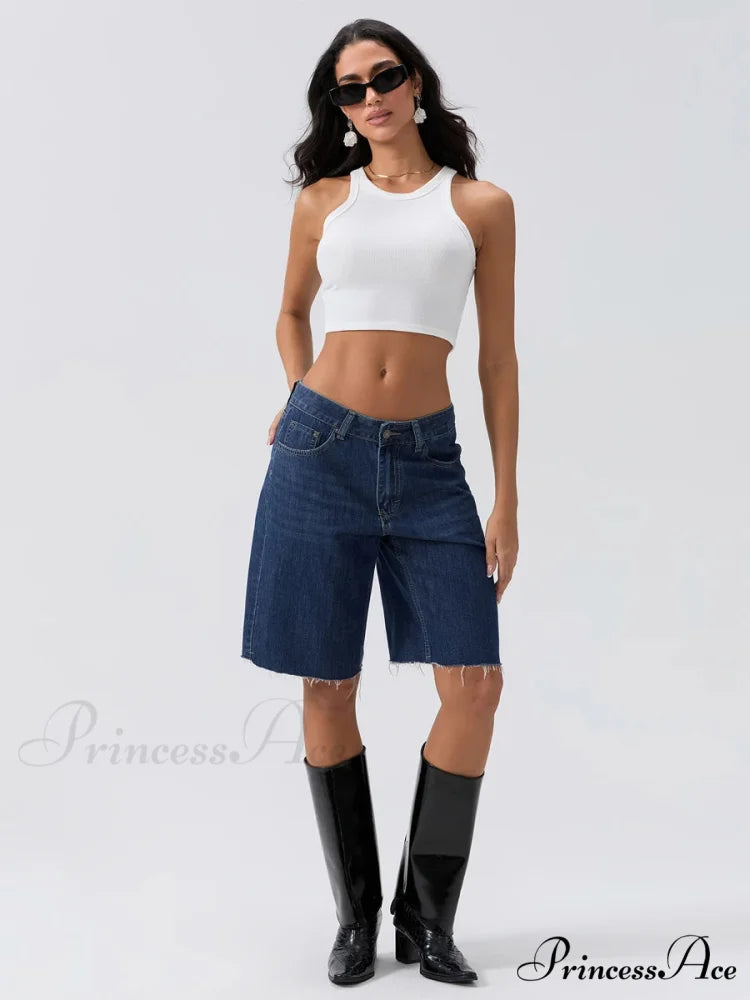 Navy Broad-Legged Denim Short
