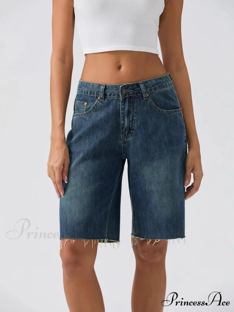 Navy Broad-Legged Denim Short