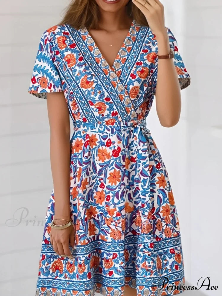 Navy Flower Pattern Cross V-neck Wrap Summer Mini Boho Dress