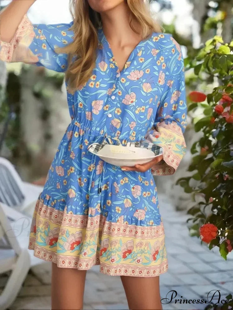Navy Flower Pattern Flounce Sleeve Bohemian Dress
