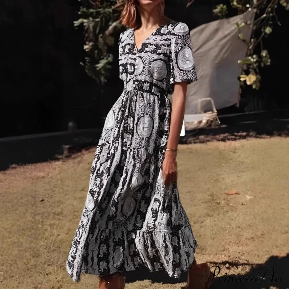 Navy Flower Pattern Frills Sleeve Rayon A-line Seaside Maxi Boho Dress