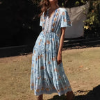 Navy Flower Pattern Frills Sleeve Rayon A-line Seaside Maxi Boho Dress