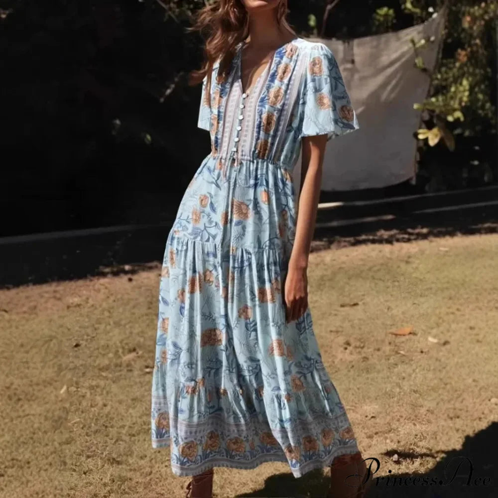 Navy Flower Pattern Frills Sleeve Rayon A-line Seaside Maxi Boho Dress