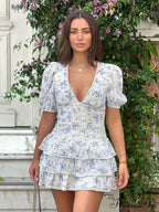 Navy Flower Pattern Layered Short Puff Sleeve Bohemian Dress