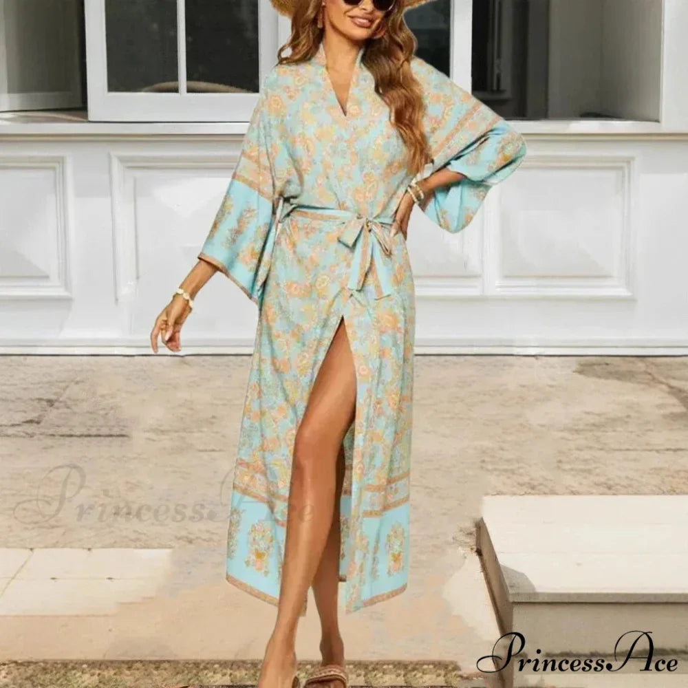 Navy Flowery Bands Bohemian Kimono Dress