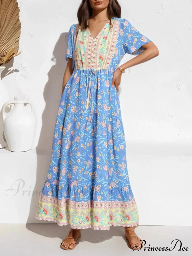 Navy Flowery Frills Fringe Bohemian Dress