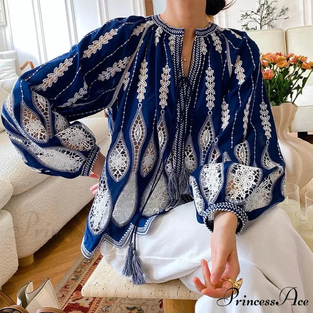 Navy Stitched Lantern Sleeve Ethnic Boho Top