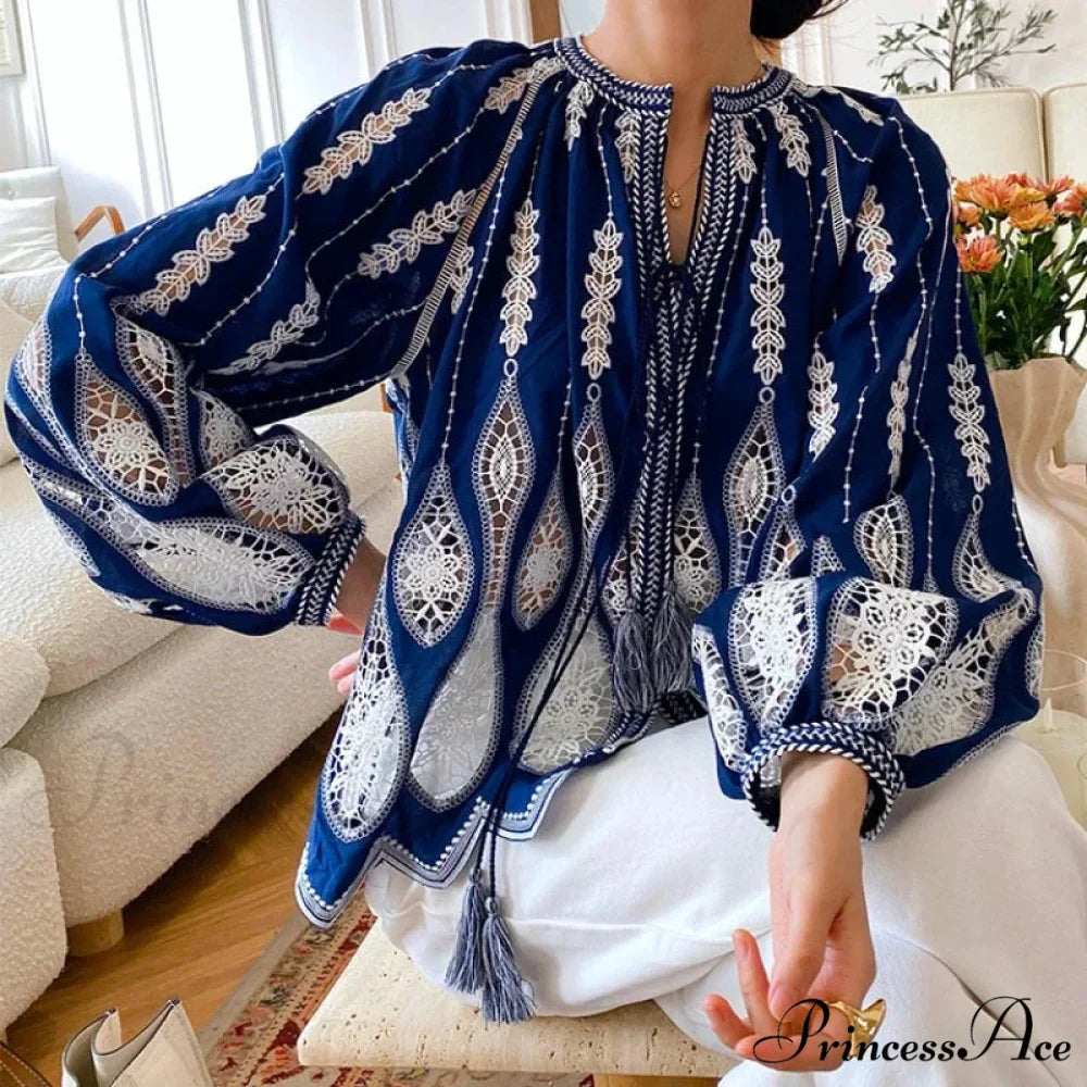 Navy Stitched Lantern Sleeve Ethnic Boho Top